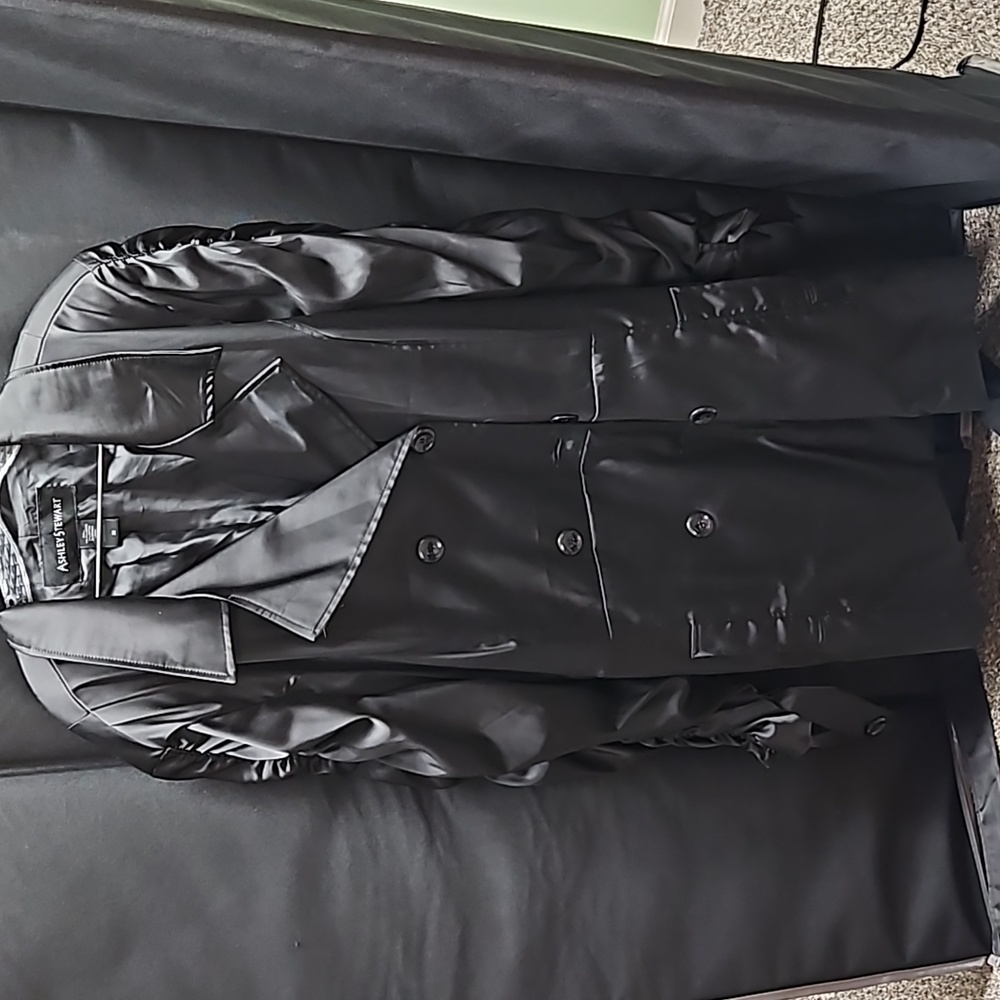 Black stretch satin belted jacket